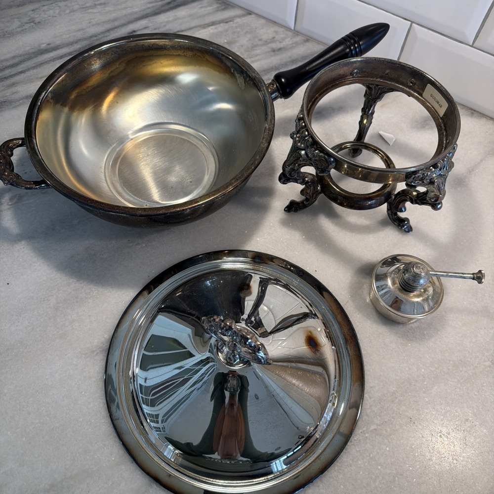 Vtg. Silverplate Covered Chaffing Dish w/ Stand, Burner OLA007 - Picture 12 of 15